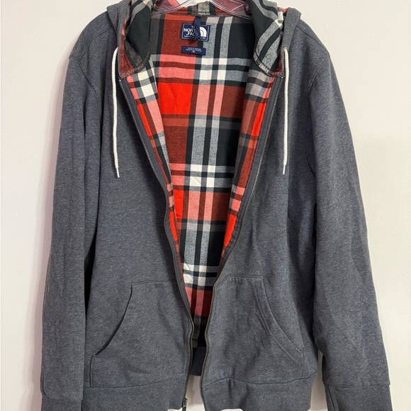 THE NORTH FACE Hoodie Men's XL Gray Full Zip Red Plaid Lined Pockets - Picture 1 of 5